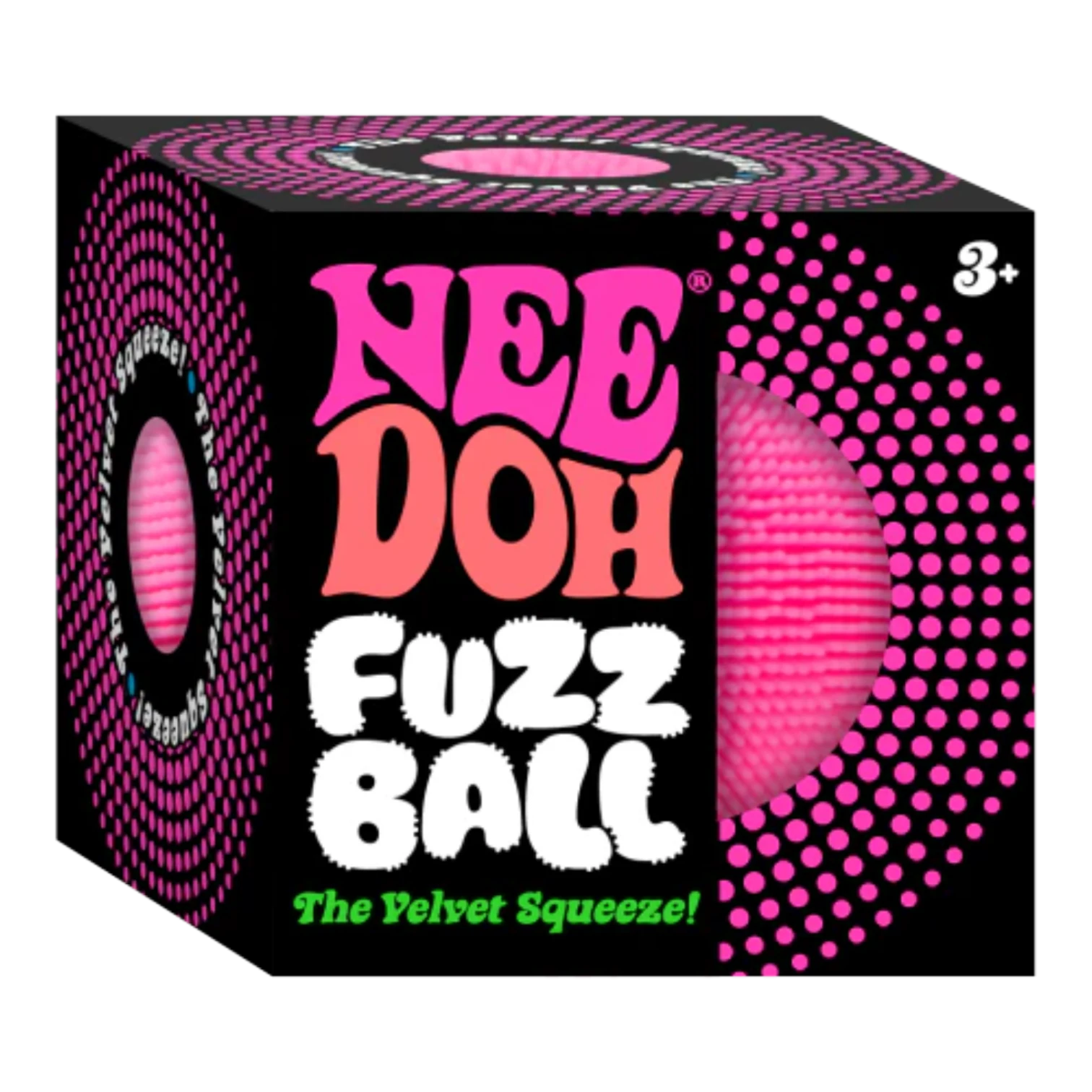 Squish Planet NeeDoh Fuzz Ball Velvet Squeeze fidget toy in bright pink with a soft velvet texture and squishy core.